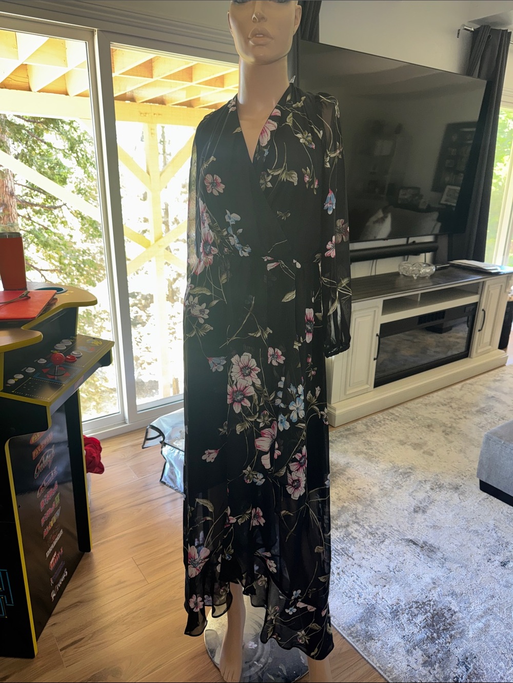 Black Floral Long Sleeve Wrap Dress - Black Pink Floral P13